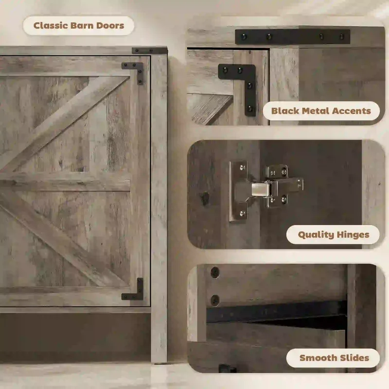 59" Buffet Cabinet, Farmhouse Sideboard, 2 Barn Doors, 4 Drawers, Grey