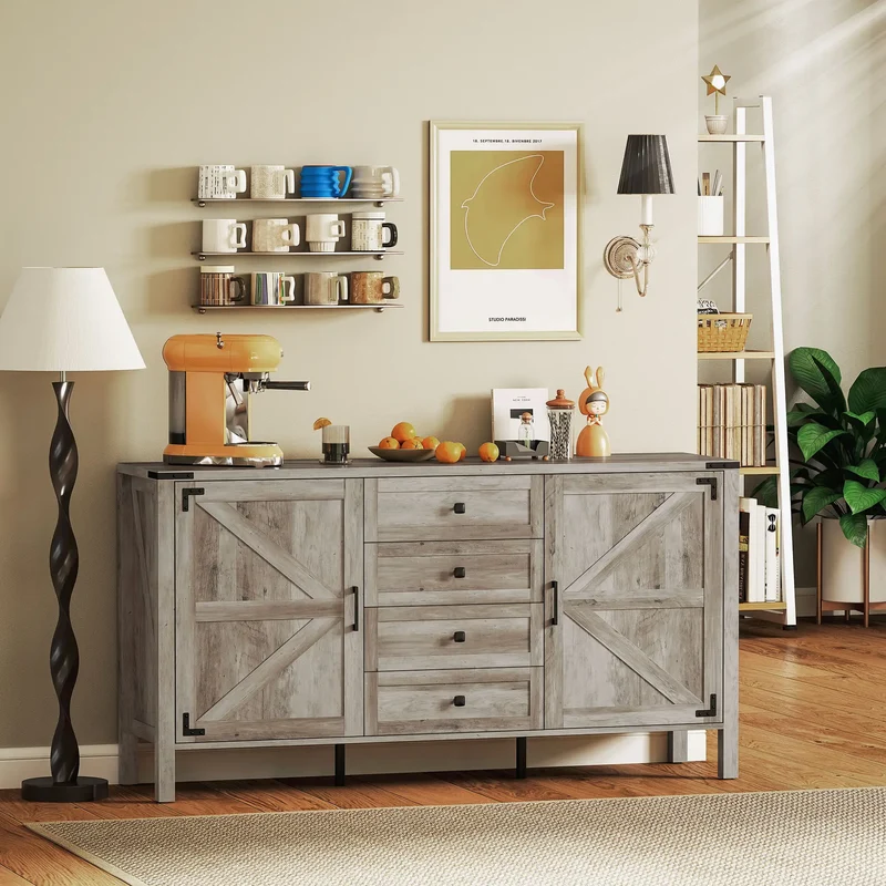 59" Buffet Cabinet, Farmhouse Sideboard, 2 Barn Doors, 4 Drawers, Grey