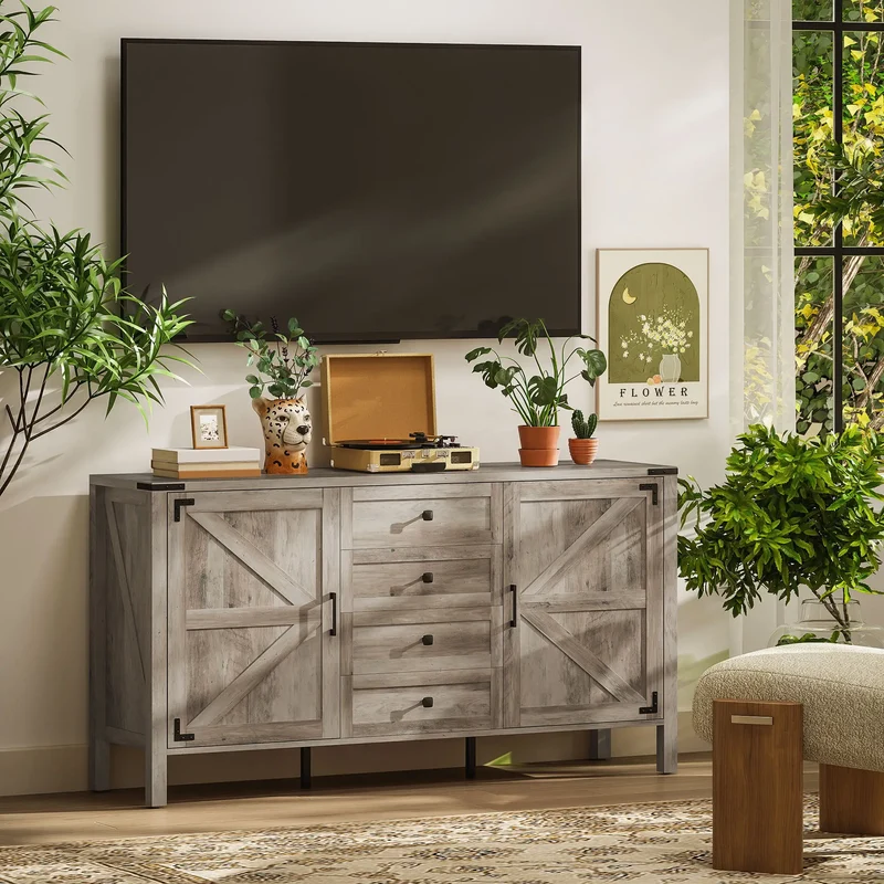59" Buffet Cabinet, Farmhouse Sideboard, 2 Barn Doors, 4 Drawers, Grey