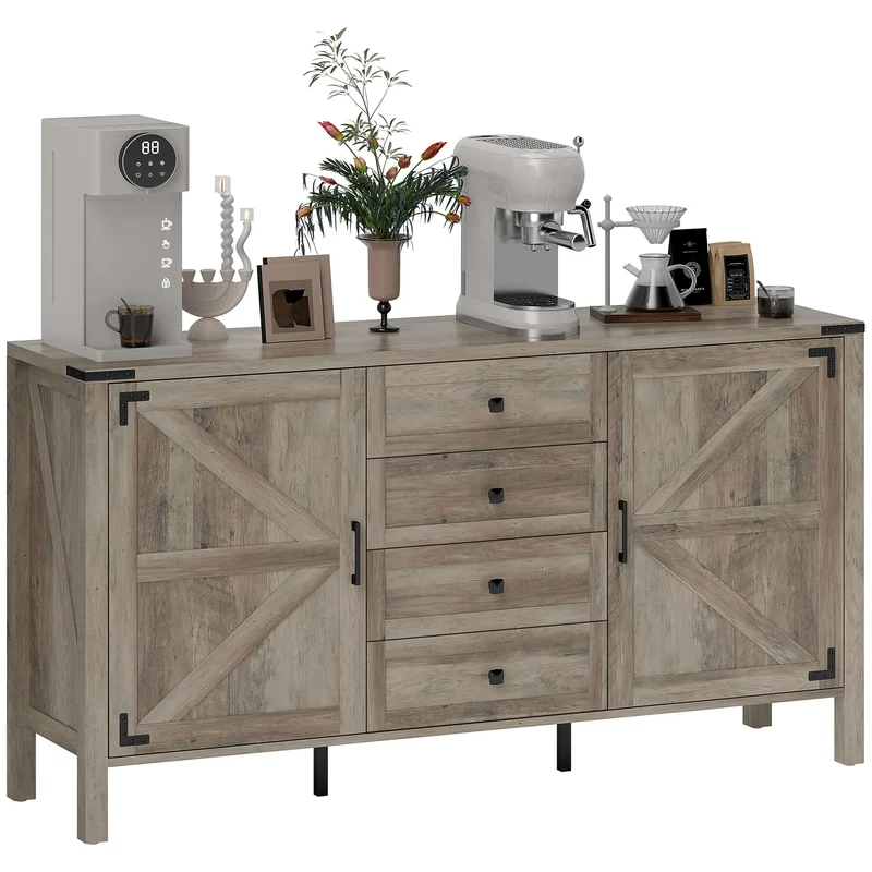 59" Buffet Cabinet, Farmhouse Sideboard, 2 Barn Doors, 4 Drawers, Grey