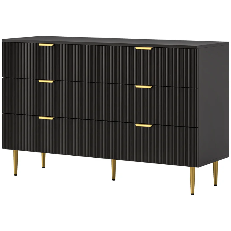 Modern 6 Drawer Dresser, with Gold Legs, Bedroom Chest, Black