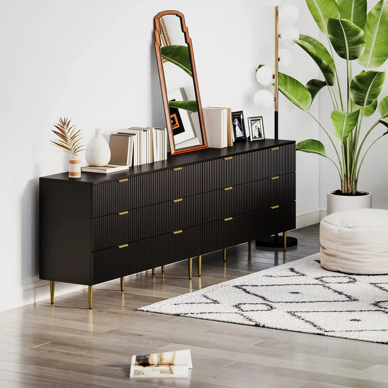 Modern 6 Drawer Dresser, with Gold Legs, Bedroom Chest, Black