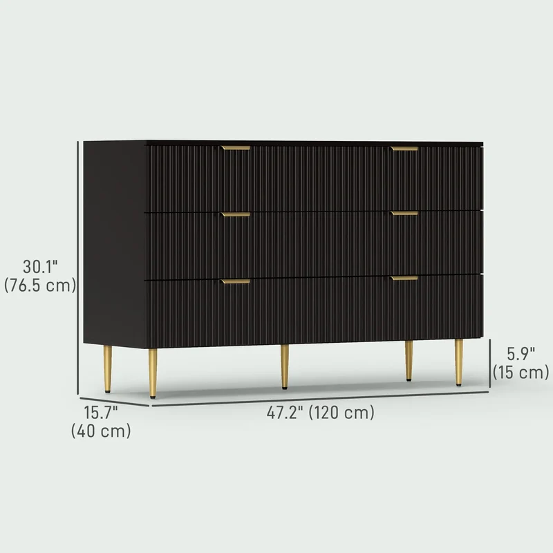 Modern 6 Drawer Dresser, with Gold Legs, Bedroom Chest, Black
