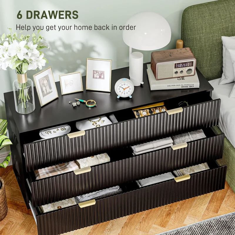 Modern 6 Drawer Dresser, with Gold Legs, Bedroom Chest, Black
