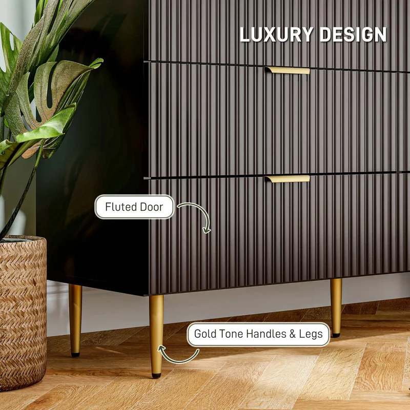 Modern 6 Drawer Dresser, with Gold Legs, Bedroom Chest, Black