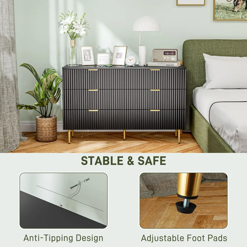 Modern 6 Drawer Dresser, with Gold Legs, Bedroom Chest, Black