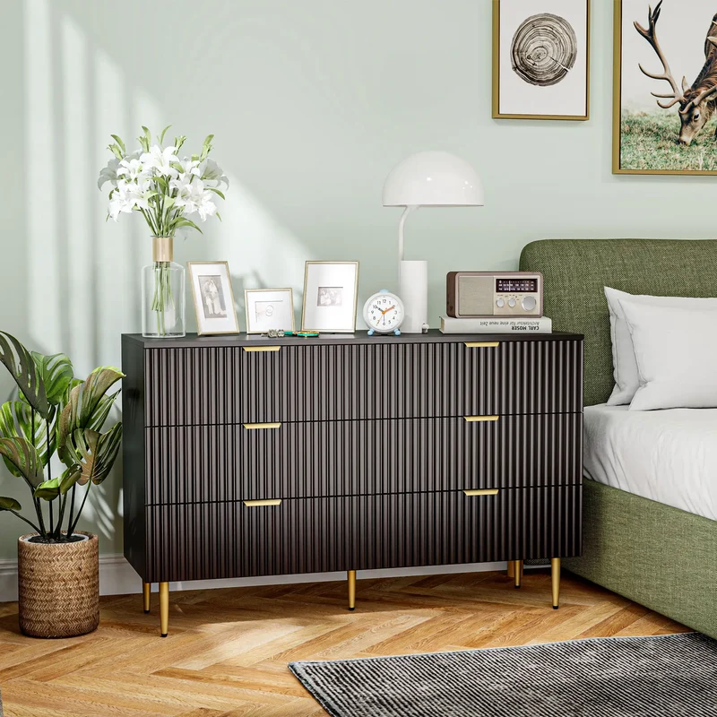 Modern 6 Drawer Dresser, with Gold Legs, Bedroom Chest, Black