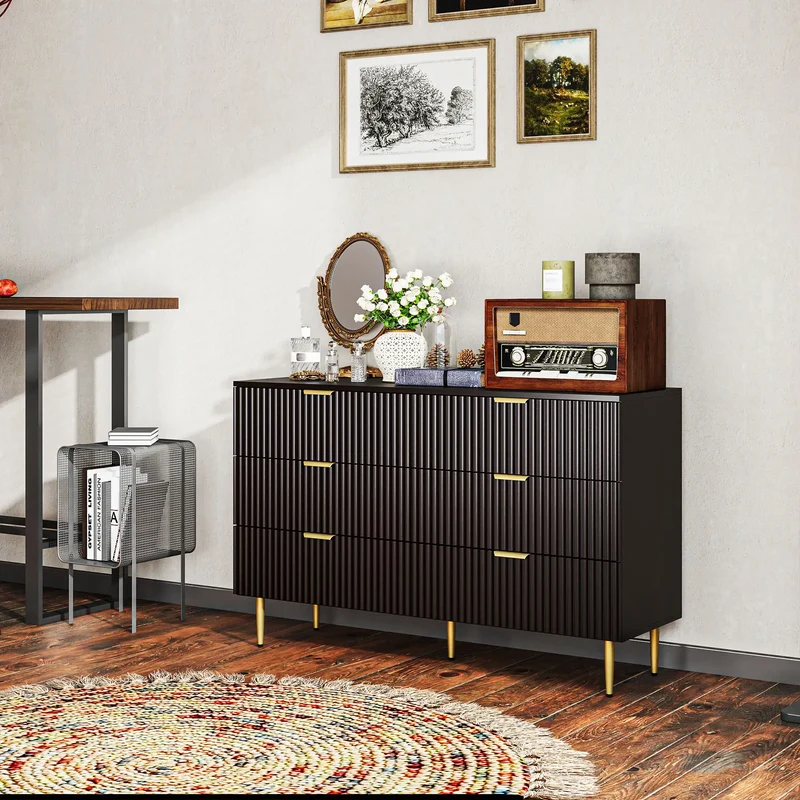 Modern 6 Drawer Dresser, with Gold Legs, Bedroom Chest, Black