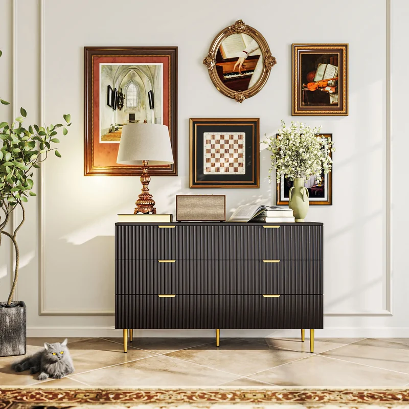 Modern 6 Drawer Dresser, with Gold Legs, Bedroom Chest, Black
