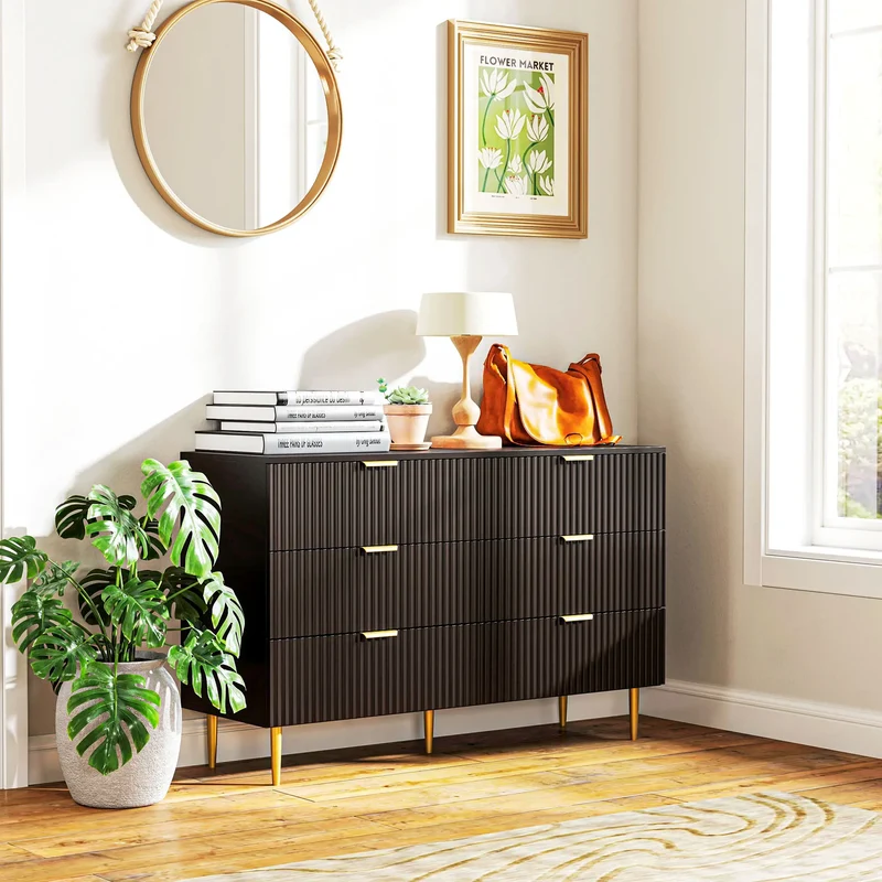 Modern 6 Drawer Dresser, with Gold Legs, Bedroom Chest, Black