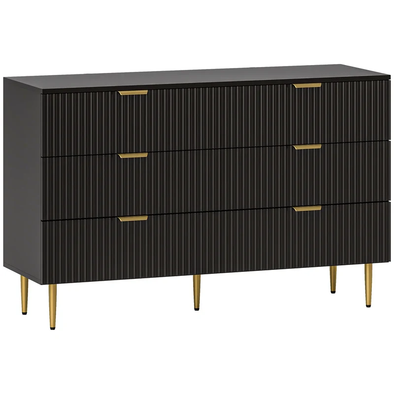 Modern 6 Drawer Dresser, with Gold Legs, Bedroom Chest, Black