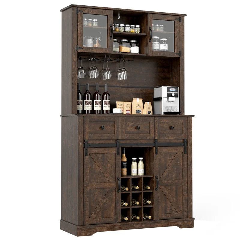 72 Inch Coffee Bar Cabinet, With Drawers And Sliding Barn Doors, Brown