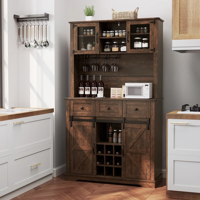 72 Inch Coffee Bar Cabinet, With Drawers And Sliding Barn Doors, Brown