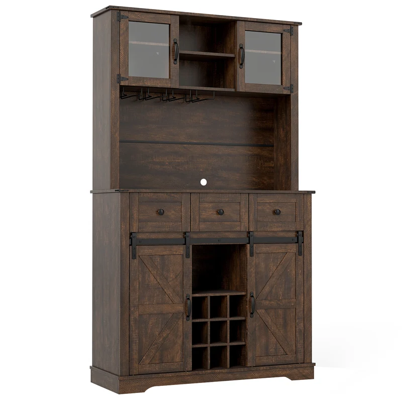72 Inch Coffee Bar Cabinet, With Drawers And Sliding Barn Doors, Brown