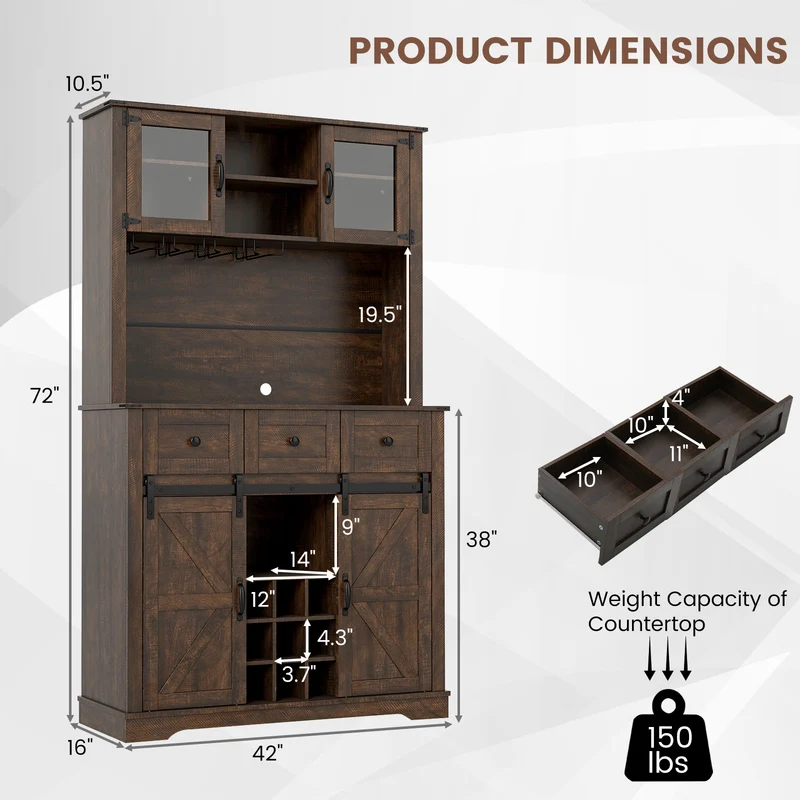 72 Inch Coffee Bar Cabinet, With Drawers And Sliding Barn Doors, Brown