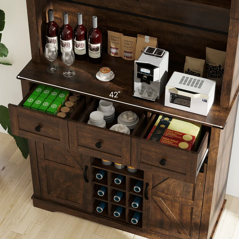 72 Inch Coffee Bar Cabinet, With Drawers And Sliding Barn Doors, Brown