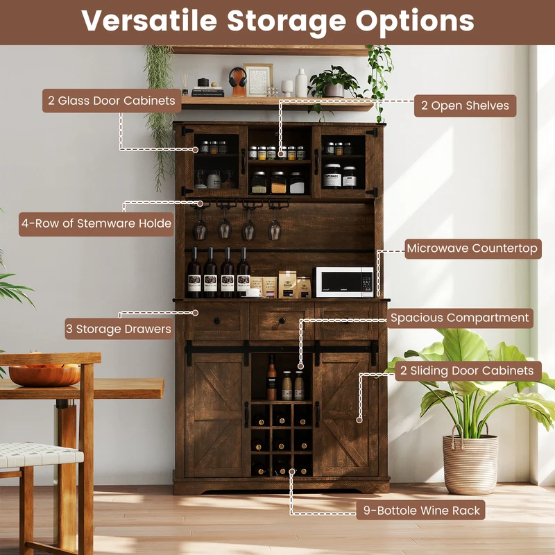 72 Inch Coffee Bar Cabinet, With Drawers And Sliding Barn Doors, Brown