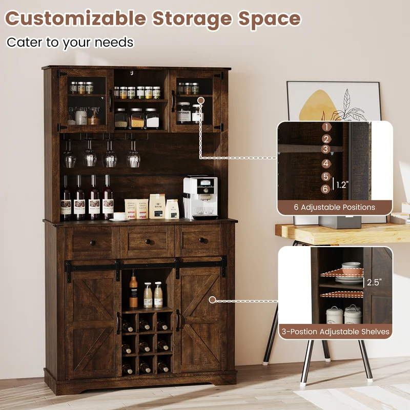 72 Inch Coffee Bar Cabinet, With Drawers And Sliding Barn Doors, Brown
