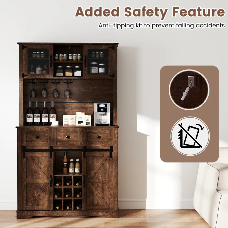 72 Inch Coffee Bar Cabinet, With Drawers And Sliding Barn Doors, Brown