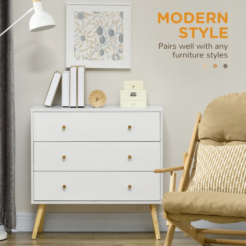 Dresser, 3 Drawers, Solid Wood Legs, Storage Organizer, White