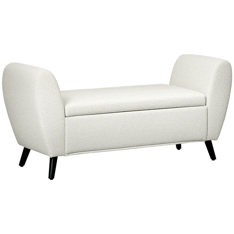 Upholstered Storage Bench with Arms, Cream White, Cream White