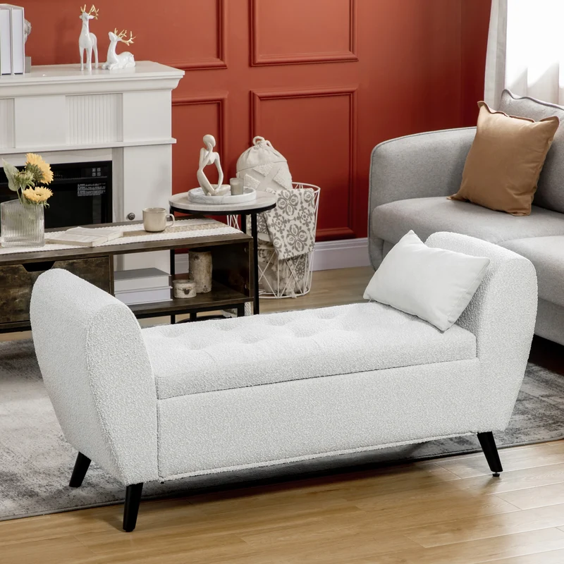 Upholstered Storage Bench with Arms, Cream White, Cream White