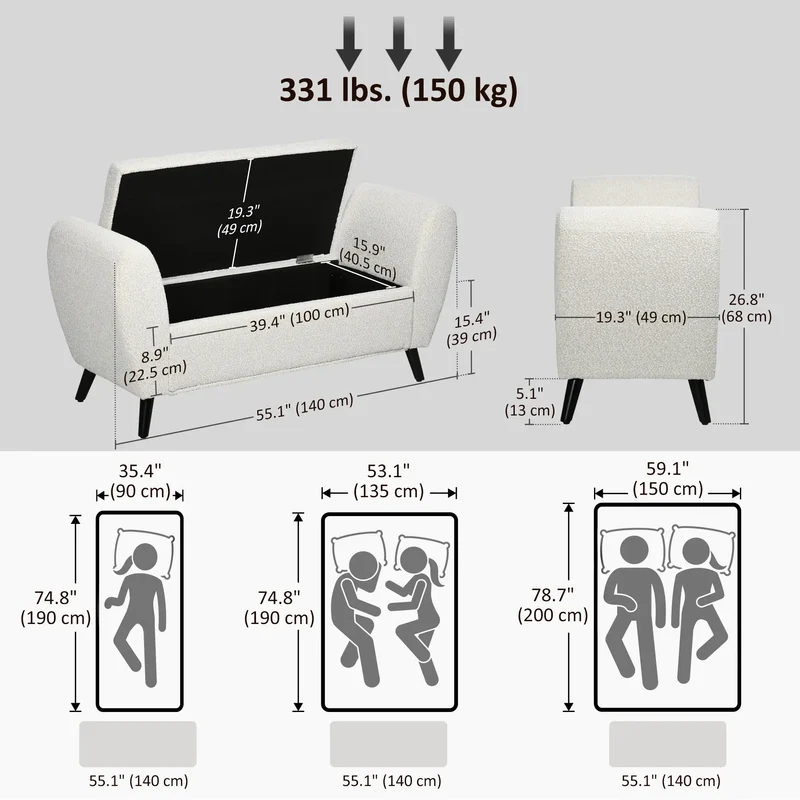 Upholstered Storage Bench with Arms, Cream White, Cream White