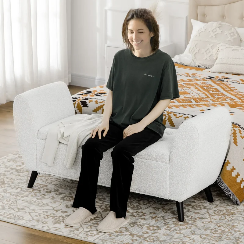 Upholstered Storage Bench with Arms, Cream White, Cream White