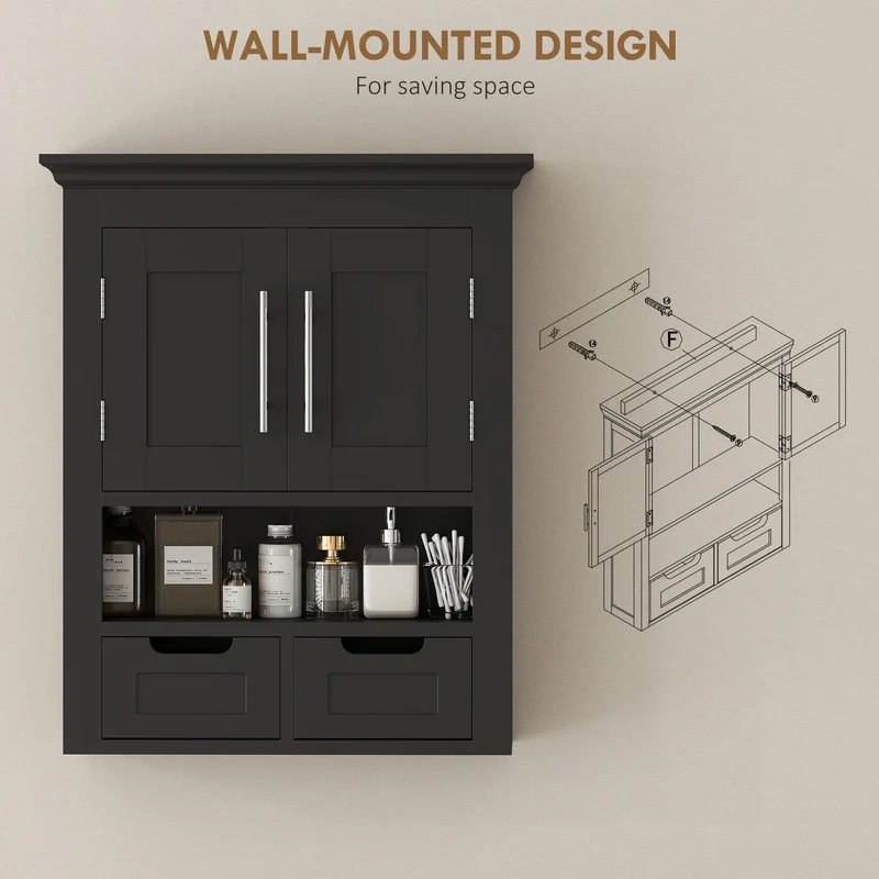 Bathroom Wall Cabinet, Medicine Cabinet, With Shelf, Black