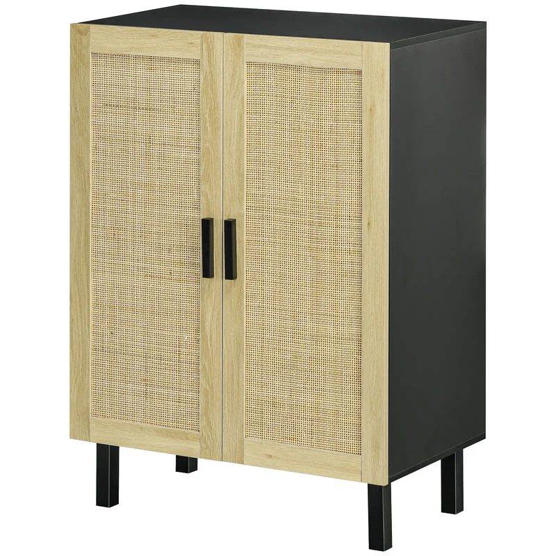 Boho Sideboard, Buffet Cabinet with Storage, 2 Rattan Doors, Black