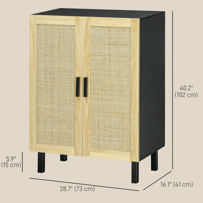 Boho Sideboard, Buffet Cabinet with Storage, 2 Rattan Doors, Black