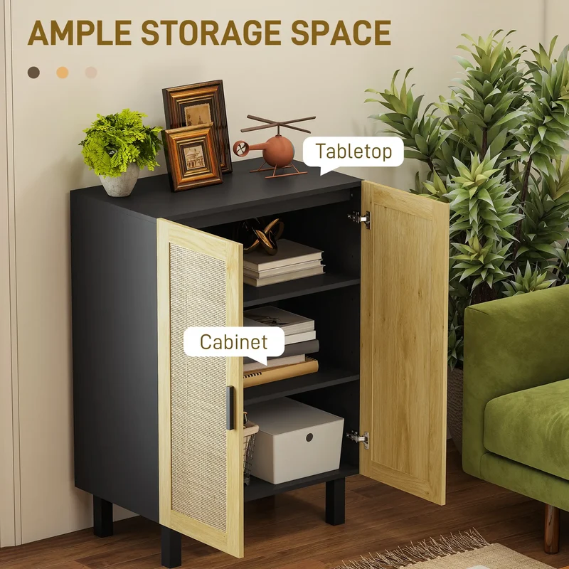 Boho Sideboard, Buffet Cabinet with Storage, 2 Rattan Doors, Black