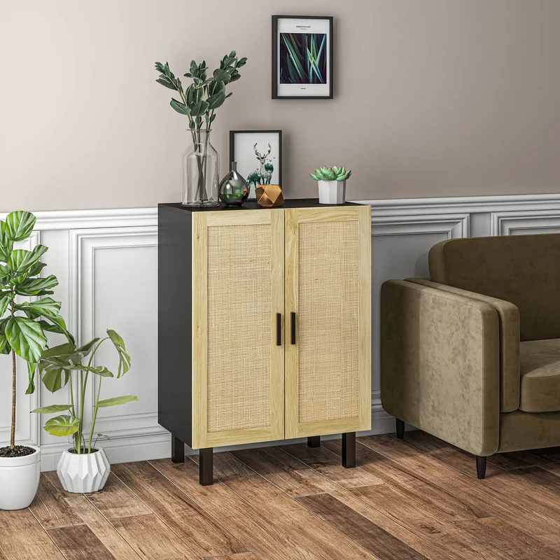 Boho Sideboard, Buffet Cabinet with Storage, 2 Rattan Doors, Black
