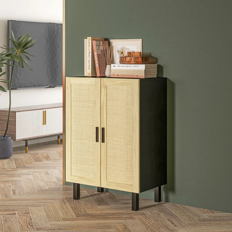 Boho Sideboard, Buffet Cabinet with Storage, 2 Rattan Doors, Black