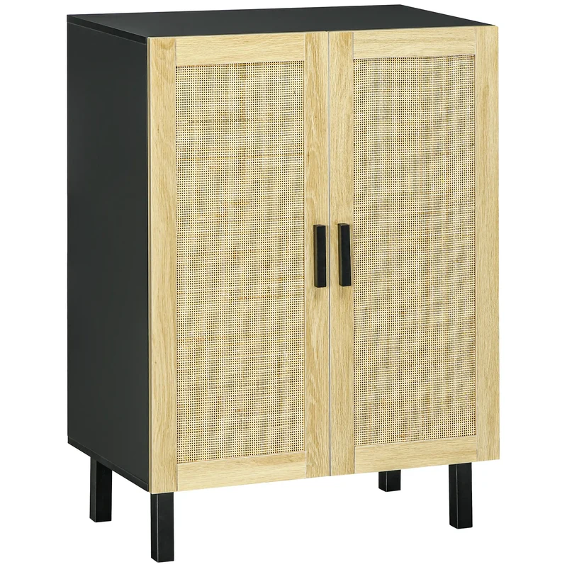 Boho Sideboard, Buffet Cabinet with Storage, 2 Rattan Doors, Black