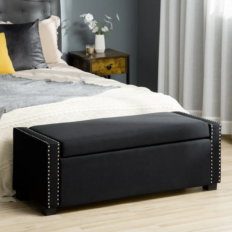 Flip Top Storage Bench, Upholstered Ottoman, 48L, Dark Grey