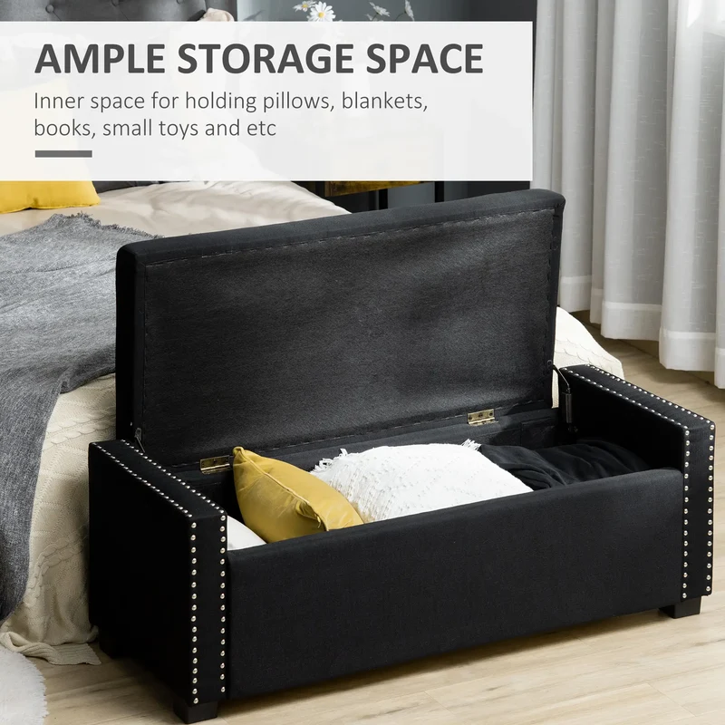 Flip Top Storage Bench, Upholstered Ottoman, 48L, Dark Grey