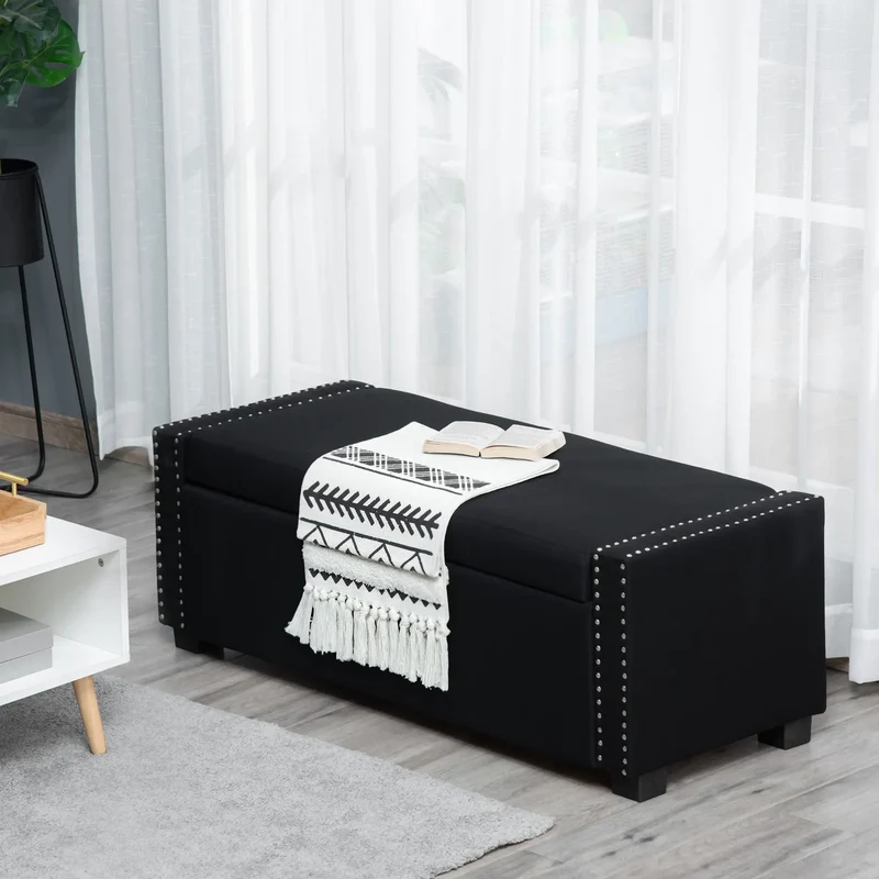 Flip Top Storage Bench, Upholstered Ottoman, 48L, Dark Grey