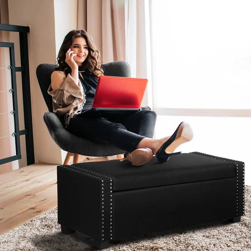 Flip Top Storage Bench, Upholstered Ottoman, 48L, Dark Grey