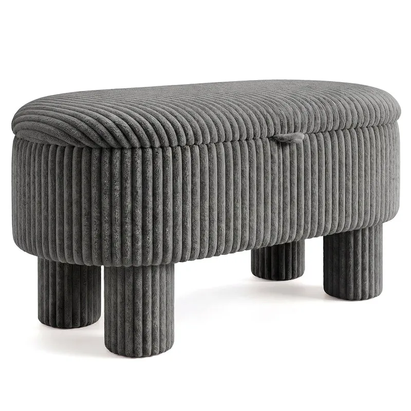 42 Inch Storage Ottoman Bench, Corduroy Fabric Footstool, Gray