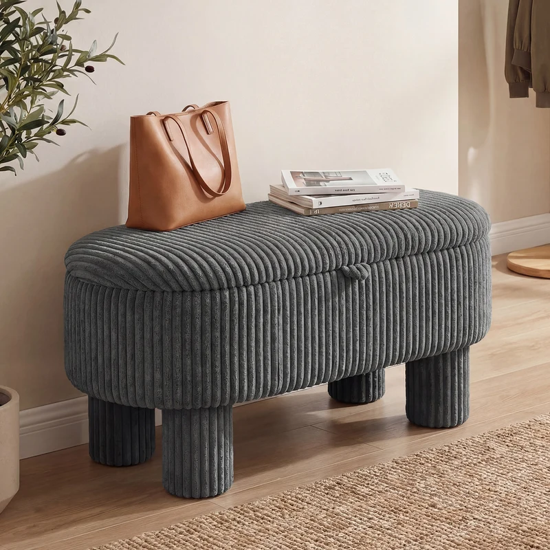 42 Inch Storage Ottoman Bench, Corduroy Fabric Footstool, Gray