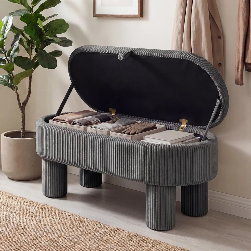42 Inch Storage Ottoman Bench, Corduroy Fabric Footstool, Gray