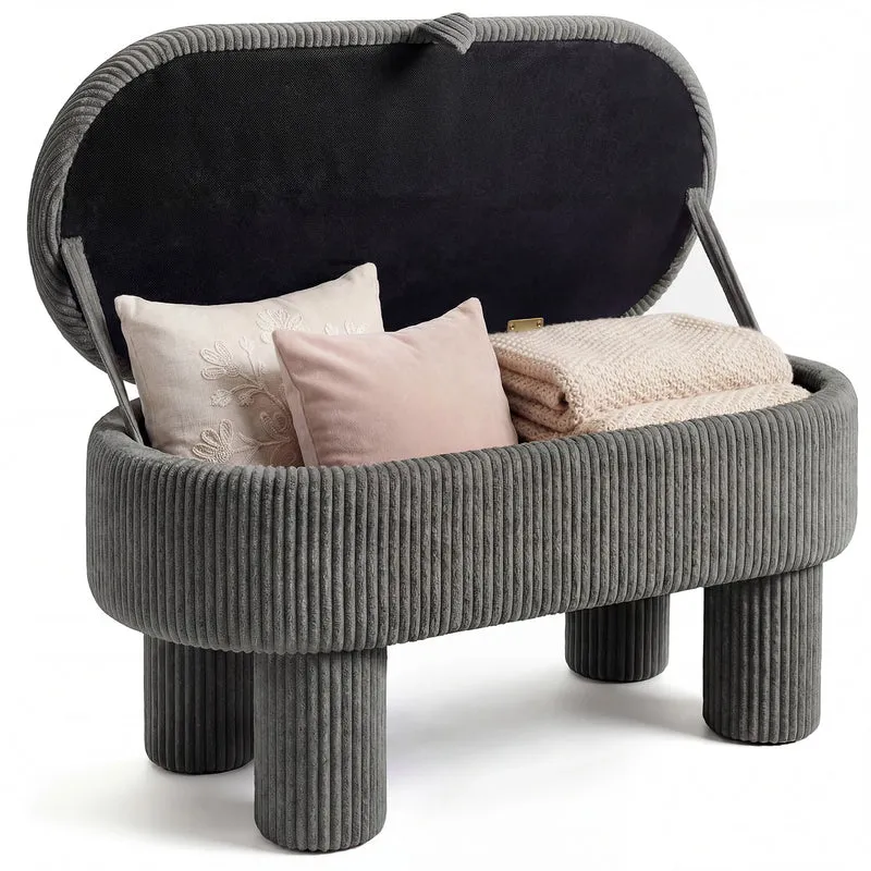 42 Inch Storage Ottoman Bench, Corduroy Fabric Footstool, Gray