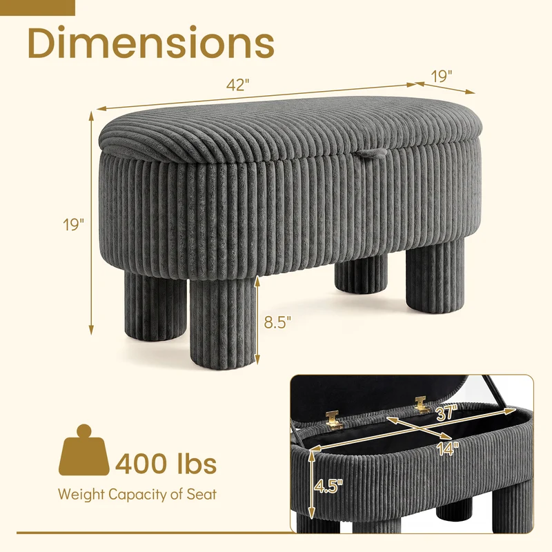 42 Inch Storage Ottoman Bench, Corduroy Fabric Footstool, Gray