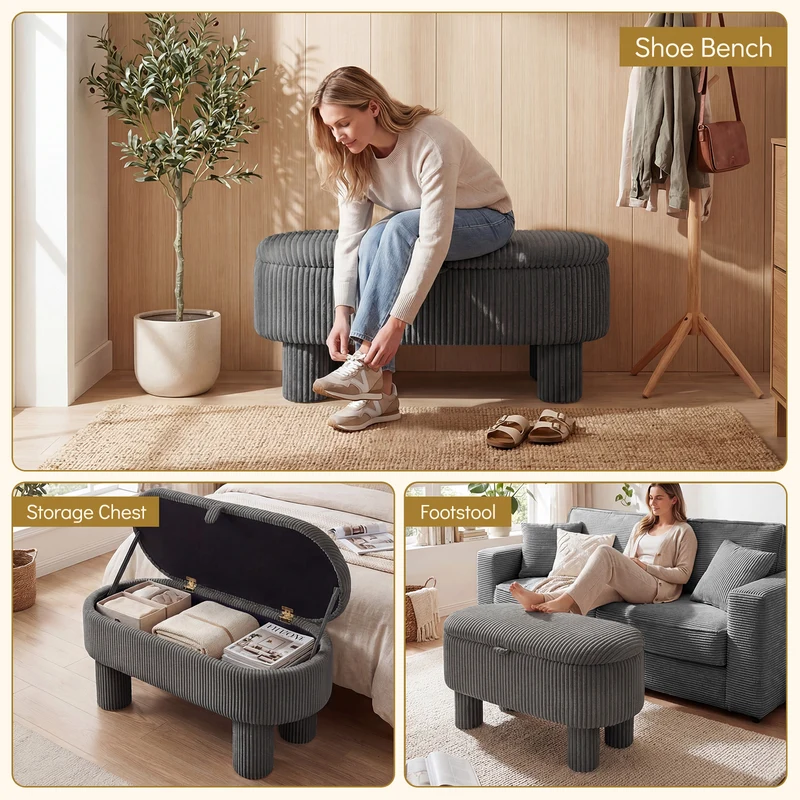 42 Inch Storage Ottoman Bench, Corduroy Fabric Footstool, Gray