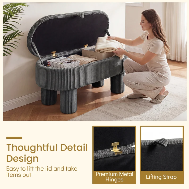 42 Inch Storage Ottoman Bench, Corduroy Fabric Footstool, Gray