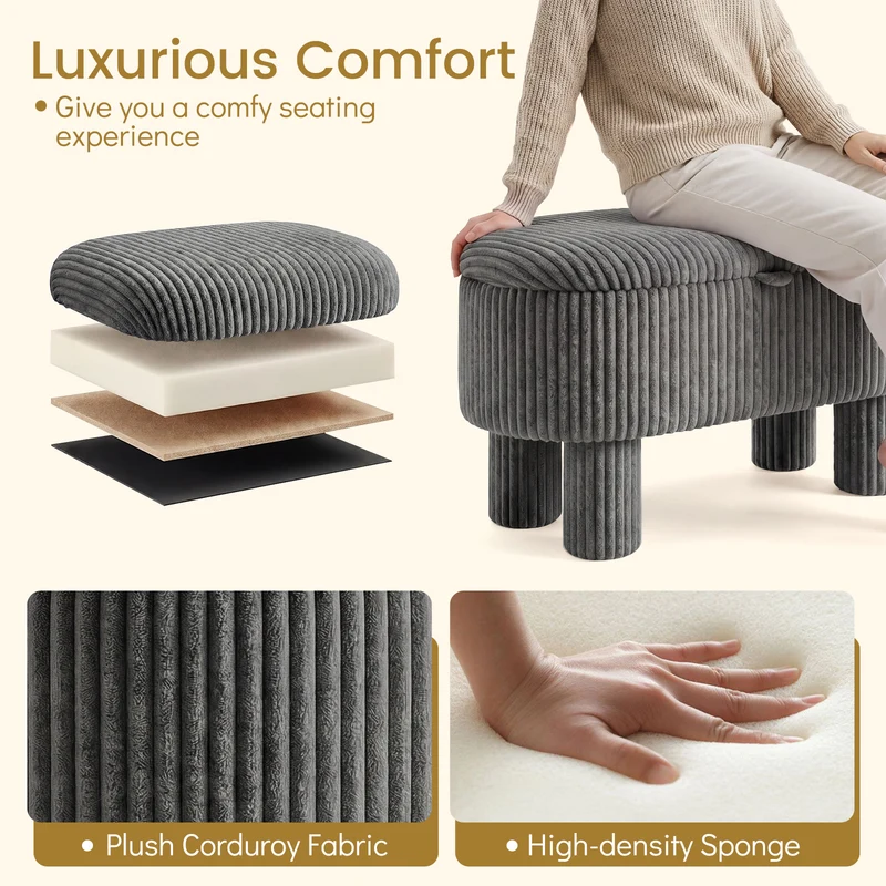 42 Inch Storage Ottoman Bench, Corduroy Fabric Footstool, Gray