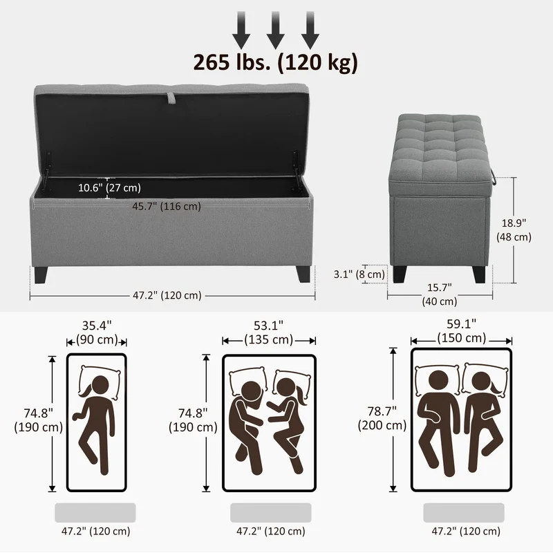 Storage Ottoman Bench, Foot Rest, 47 Inches, Dark Grey