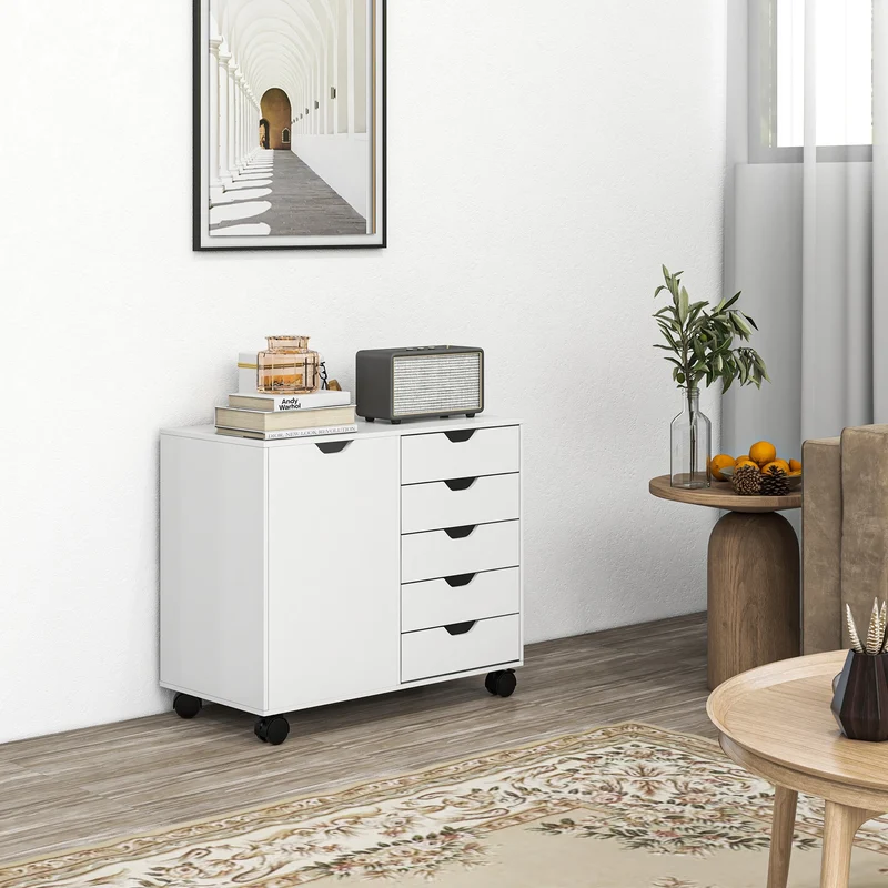 Mobile 5-Drawer Filing Cabinet, Door, Adjustable Shelf, Rolling