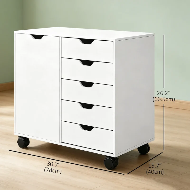 Mobile 5-Drawer Filing Cabinet, Door, Adjustable Shelf, Rolling